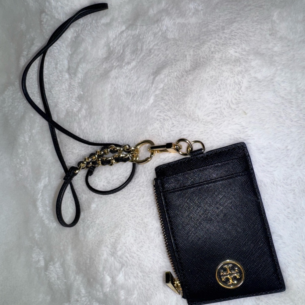 Tory Burch Black Leather Card Case with Gold Chain Strap - NWOT